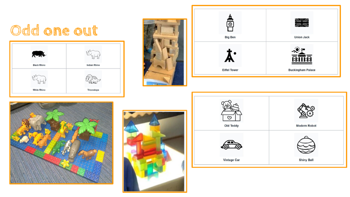 In the construction area, children build the odd one out they have chosen and explain it out loud.